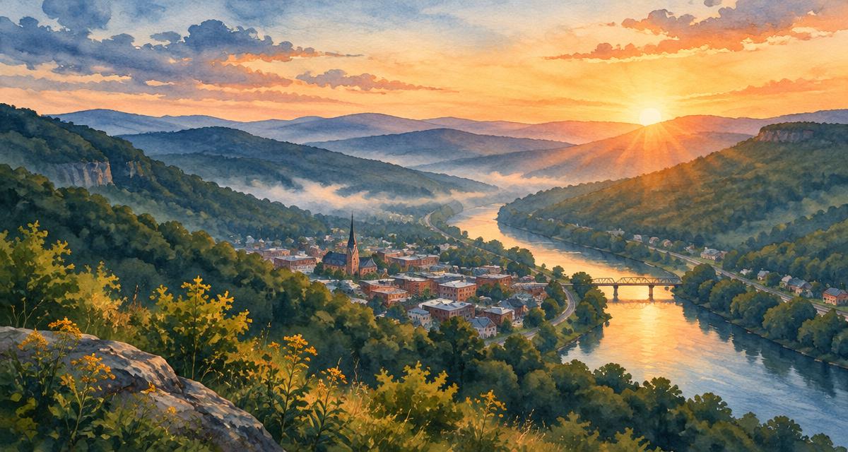 Watercolor sunrise over West Virginia hills representing hope with Spravato esketamine nasal spray for treatment-resistant depression in Ripley, WV